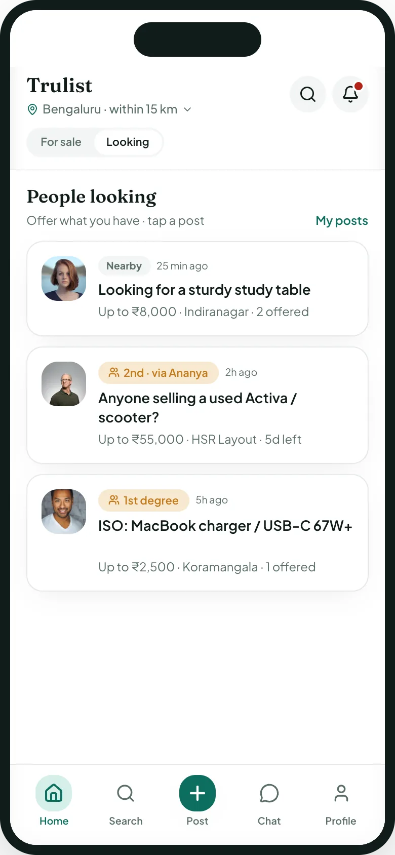 The Trulist Looking feed, where people post what they are trying to find with a budget and a neighbourhood