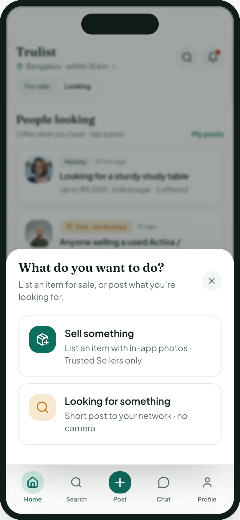 The Trulist post sheet asking what you want to do: sell something, or post what you are looking for