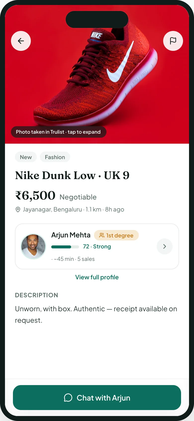 A Trulist listing for Nike Dunk Low shoes at ₹6,500, with the seller's profile, score and connection shown above the description
