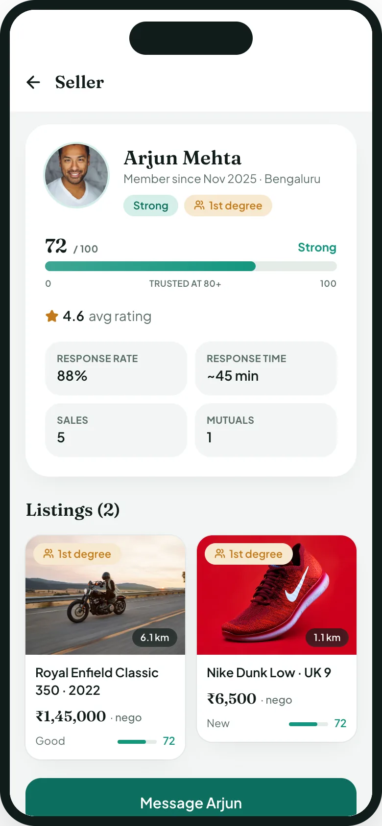A Trulist seller profile showing member since, trust score, response rate, sales and mutual connections