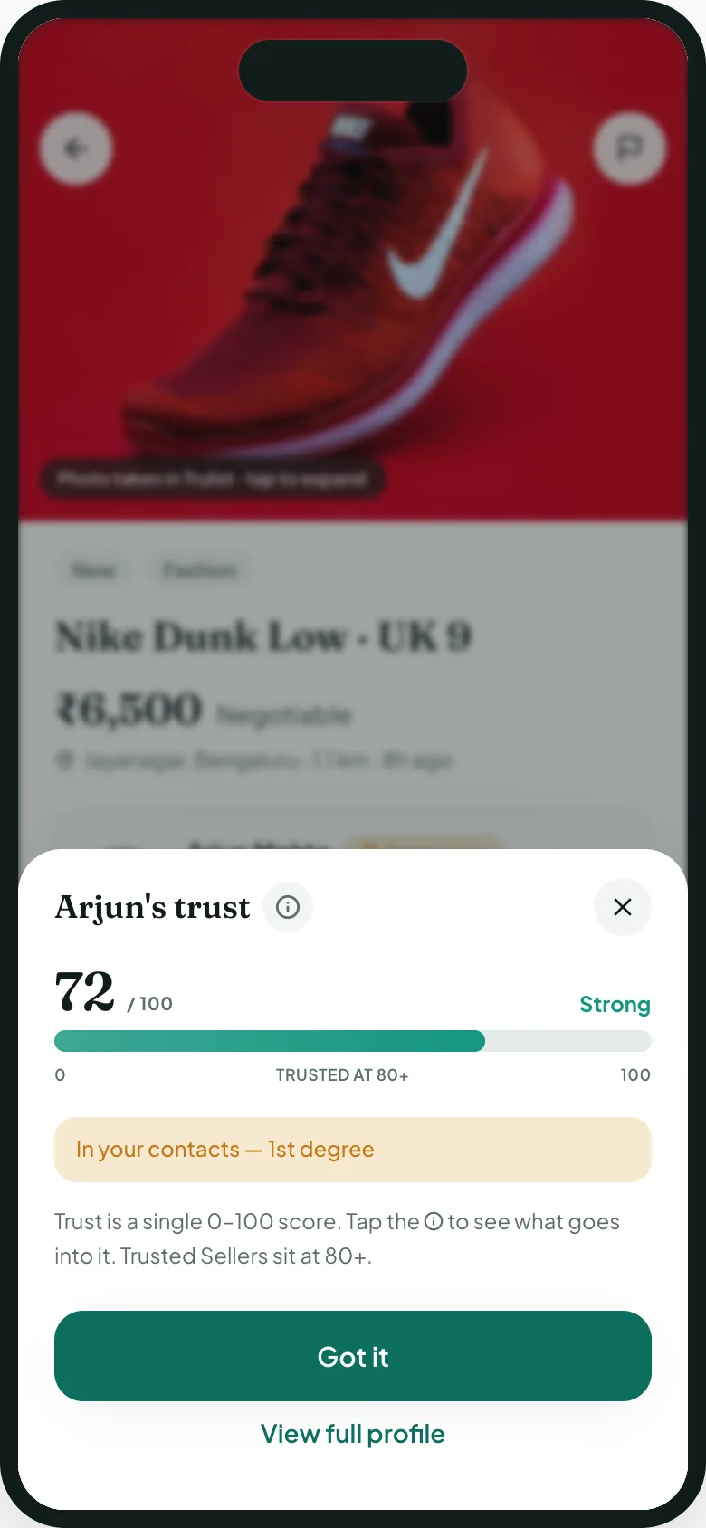 The Trulist trust explainer showing a seller score out of 100